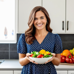 A professional woman, fully clothed in a modest, elegant dress, standing in a bright, modern kitchen filled with fresh fruits and vegetables. She holds a bowl of colorful salad, smiling genuinely, her healthy, vibrant hair cascading over her shoulders. The scene embodies internal well-being and a balanced diet. Safe for work, appropriate content, professional, family-friendly, perfect anatomy, correct proportions, natural pose, well-formed hands, proper finger count, natural body proportions, high-quality photography, soft natural light.