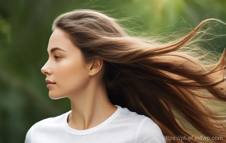 비타민 C의 모발 건강 효과 - **Prompt 1: Radiant Shine and Volume**
    A woman in her early 30s with long, wavy, dark brown hair...