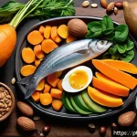 Home 18 모발 손실 예방을 위한 영양소 - A vibrant, detailed still life composition showcasing a variety of nutrient-rich foods that promote ...