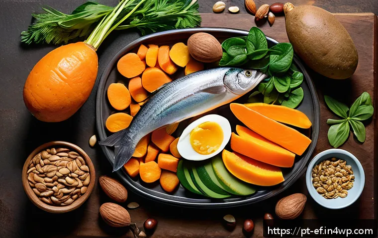 모발 손실 예방을 위한 영양소 - A vibrant, detailed still life composition showcasing a variety of nutrient-rich foods that promote ...