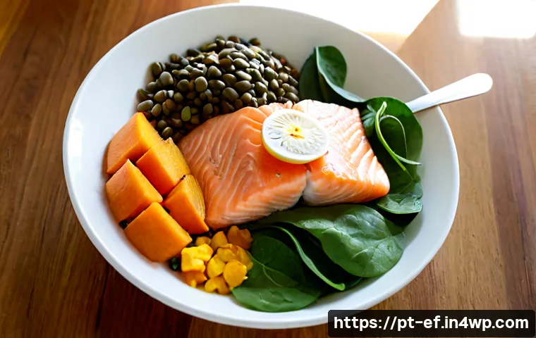 Home 17 헤어 건강을 위한 영양소 조합 - Photorealistic overhead kitchen table scene showing a clear hair-health nutrition combination: fresh...